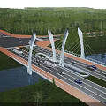 Modern Cable Stayed Bridge With Vehicles Driving Over Scenic River And Green Trees