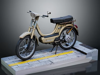 Classic Vintage Beige Leading Motorcycle With Black Seat On Gray Yellow Striped Platform 3d model