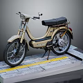 Classic Vintage Beige Leading Motorcycle With Black Seat On Gray Yellow Striped Platform