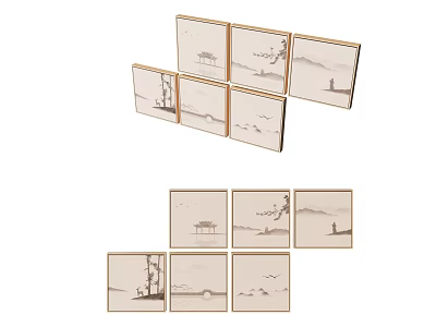 Classic Landscape Paintings With Mountain River Scenery Pagoda And Birds In Wooden Frames 3d model