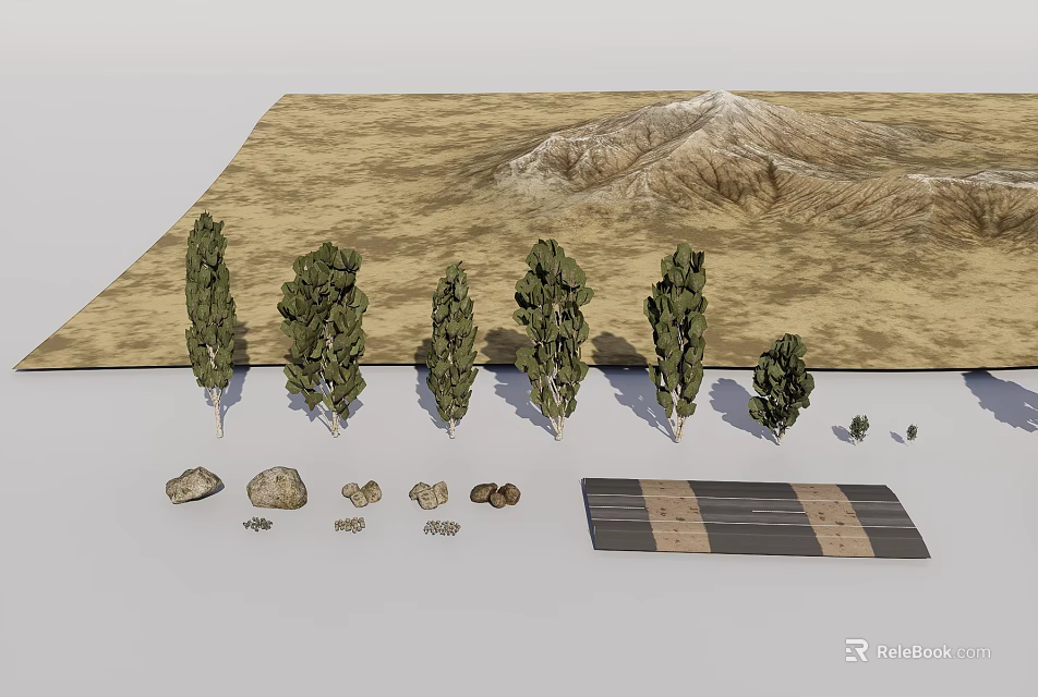 Natural Garden Landscape Design With Trees Stones And Ground Texture Elements 3d model