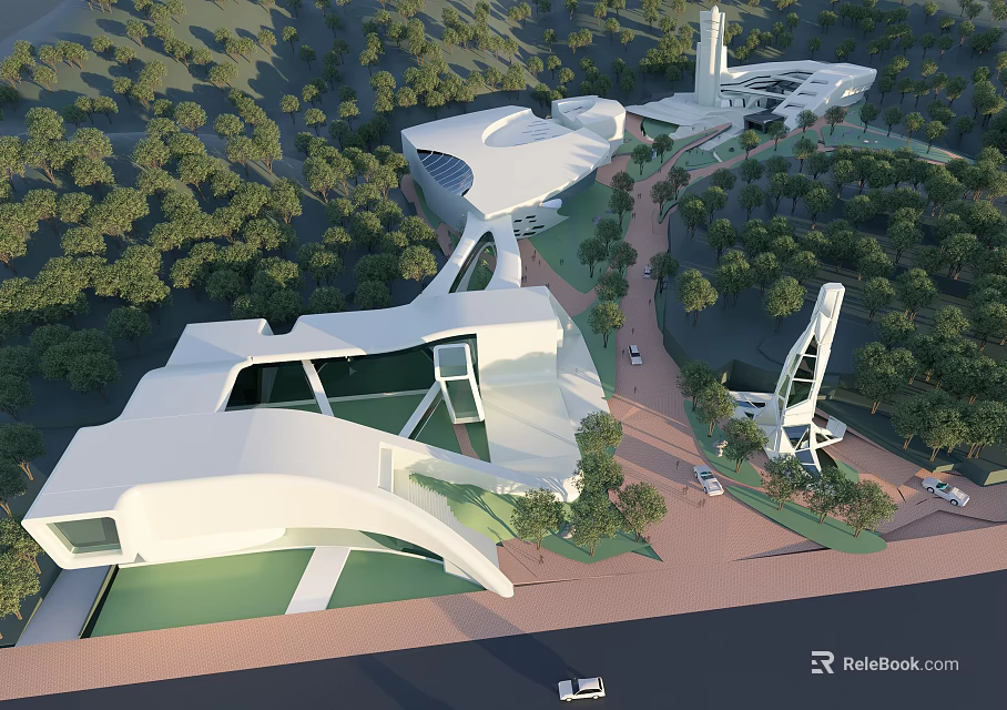 Modern Building Complex With Curved White Architectural Structures And Lush Green Surrounding Landscapes 3d model 