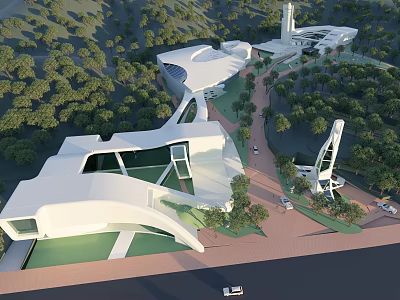 Modern Building Complex With Curved White Architectural Structures And Lush Green Surrounding Landscapes 3d model
