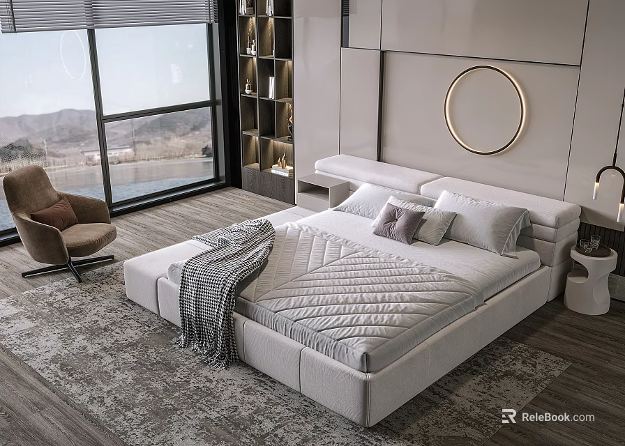 Modern White Double Bed with Quilted Bedding Pillows Large Window Mountain View and Round Mirror 3d model 