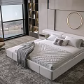 Modern White Double Bed with Quilted Bedding Pillows Large Window Mountain View and Round Mirror