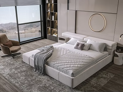Modern White Double Bed with Quilted Bedding Pillows Large Window Mountain View and Round Mirror 3d model