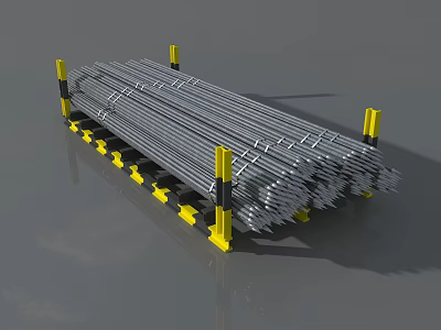 Industrial Metal Rod Storage Rack With Yellow Black Supports Neatly Arranged For Industrial Use 3d model