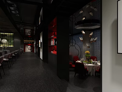 Modern Restaurant Interior With Red Black Decor Dining Tables Flowers And Pendant Lights 3d model