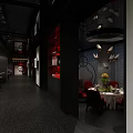 Modern Restaurant Interior With Red Black Decor Dining Tables Flowers And Pendant Lights