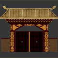 Scenery Of Traditional Chinese Gate With Golden Roof And Red Carved Decorations