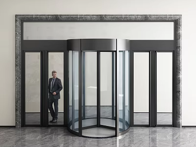Modern Revolving Door With Glass Panels And Marble Wall Frame 3d model