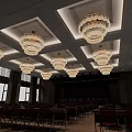 Modern Conference Room Interior With Square Ceiling Crystal Chandeliers Red Chairs Front Blackboard And Windows