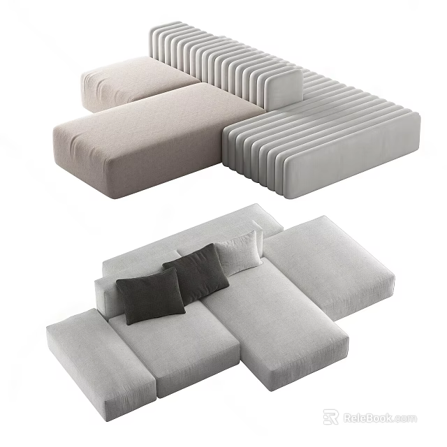 Modern Modular Sectional Sofa L Shaped Design Light Gray Beige Striped Cushions 3d model