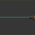 Green Enchanted Sword With Golden Decorated Hilt And Shiny Reflective Blade Against Dark Background