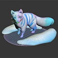 3D Fantasy White Fox With Blue Stripes And Multiple Tails On Black Reflective Base