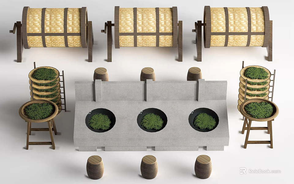 Woven Storage Shelving Unit With Green Plants In Circular Indentations And Stacked Trays 3d model 