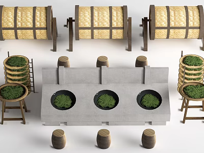 Woven Storage Shelving Unit With Green Plants In Circular Indentations And Stacked Trays 3d model