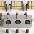 Woven Storage Shelving Unit With Green Plants In Circular Indentations And Stacked Trays