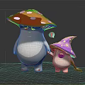 Game Cartoon Characters with Red Polka Dot and Purple Star Mushroom Hats Holding Broom Standing Together