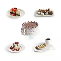 Assorted Delicious Desserts Including Strawberry Cheesecake Layered Cake Cinnamon Roll and Coffee