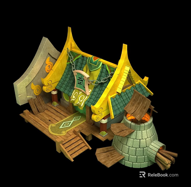 Cartoon Scene Featuring Traditional Building With Yellow Roof Green Tiles Wooden Platform And Stone Tower 3d model 