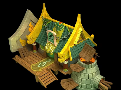 Cartoon Scene Featuring Traditional Building With Yellow Roof Green Tiles Wooden Platform And Stone Tower 3d model