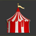 Colorful Circus Tent With Red White Stripes Golden Top And Red Curtains