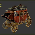 Red Vintage Stagecoach With Wooden Structure Large Wheels And Luggage On Top