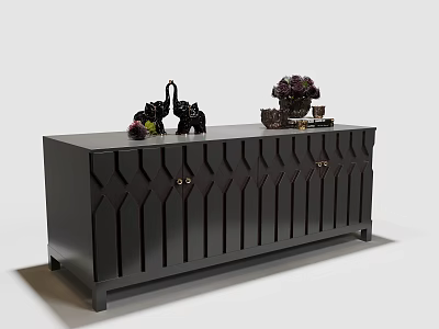 Black Entryway Console Cabinet With Geometric Design And Decorative Elephant Figurines Purple Flowers 3d model