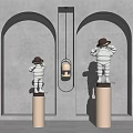 White Sculptures Wearing Hats Standing On Gold Pillars With Arched Background Walls And Hanging Lamp
