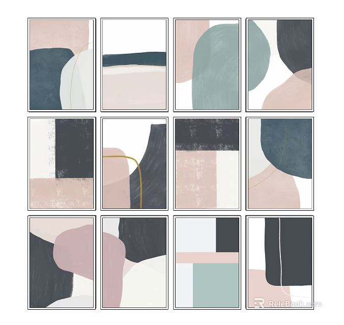 Abstract Geometric Wall Art With Soft Color Tones Framed Modern Minimalist Multiple Panel Paintings 3d model 