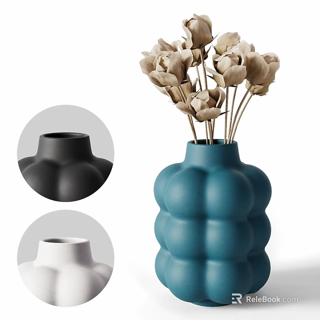 Modern Decorative Ornament Set For Home Decor With Blue Black White Vases And Beige Flowers 3d model 