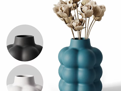 Modern Decorative Ornament Set For Home Decor With Blue Black White Vases And Beige Flowers 3d model