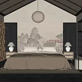 Japanese Style Hotel Guest Room Interior With Lantern Pendant Light Tatami Floor And Shoji Windows