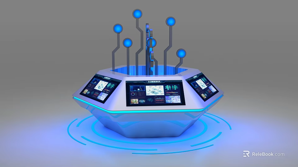 Modern Octagonal Display Shelf With Digital Touch Screens And LED Light Rings 3d model