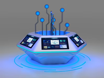 Modern Octagonal Display Shelf With Digital Touch Screens And LED Light Rings 3d model