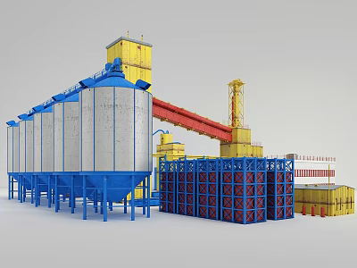 Industrial Plant Featuring Silver Silos Blue Supports Yellow Tower Red Conveyor And Blue Grid Structure 3d model