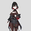Woman With Black Short Hair Red Eyes Wearing Off Shoulder Top Black Coat And Heels