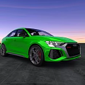 Green Audi Sports Car With Sleek Exterior And Black Alloy Wheels Against Sunset Sky