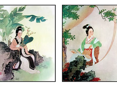 Traditional Chinese Painting of Ladies in Classical Costumes with Green Foliage and Rocks 3d model