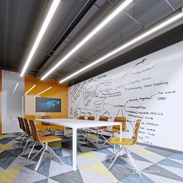 Modern Conference Room With White Table Yellow Chairs LED Strip Lights And Whiteboard Notes 3d model 