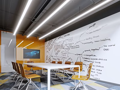Modern Conference Room With White Table Yellow Chairs LED Strip Lights And Whiteboard Notes 3d model