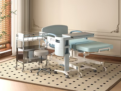 Medical Examination Bed Mobile Medical Trolley and Stainless Steel Instrument Table in Clinical Setting 3d model