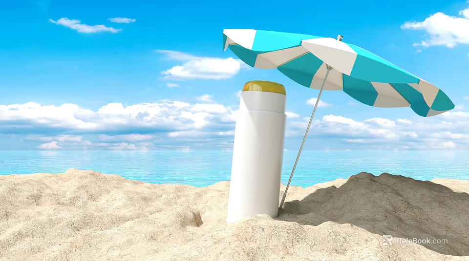 Sunscreen Bottle On Sandy Beach With Blue And White Umbrella Under Blue Sky 3d model 