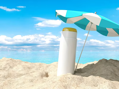 Sunscreen Bottle On Sandy Beach With Blue And White Umbrella Under Blue Sky 3d model