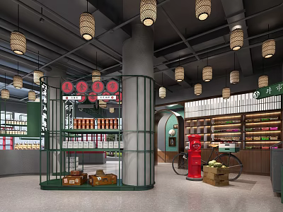 Supermarket Department Store Interior With Green Shelves Hanging Lanterns Product Displays And Wooden Baskets 3d model