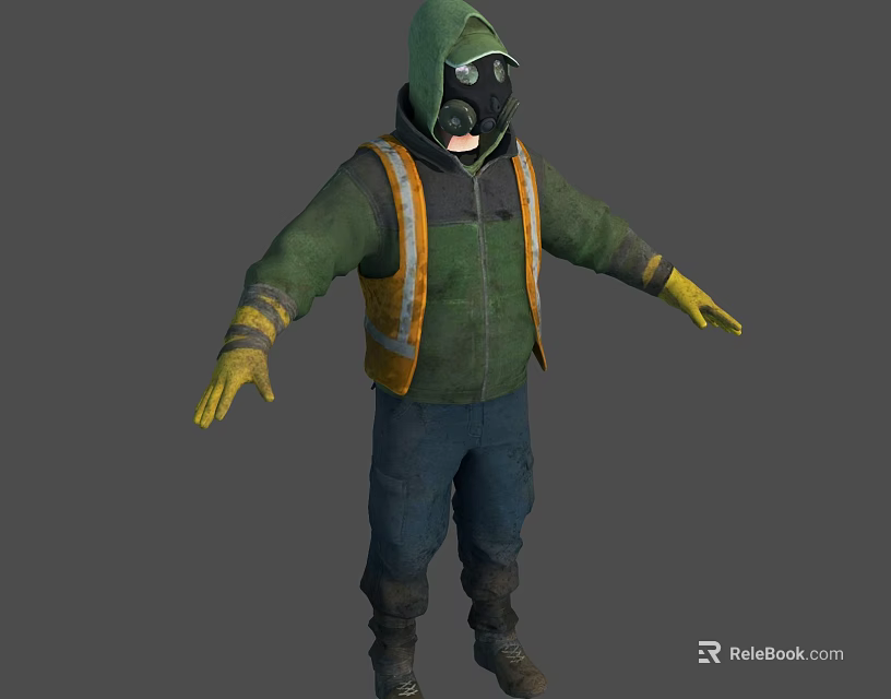 Man Wearing Green Hooded Jacket Orange Reflective Vest Gas Mask Yellow Gloves and Blue Pants 3d model 