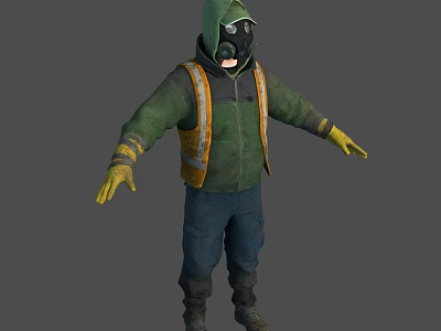 Man Wearing Green Hooded Jacket Orange Reflective Vest Gas Mask Yellow Gloves and Blue Pants 3d model