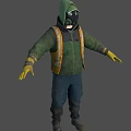 Man Wearing Green Hooded Jacket Orange Reflective Vest Gas Mask Yellow Gloves and Blue Pants