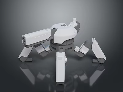 White Mechanical Device With Multiple Legs And Cannon Like Structure On Dark Reflective Background 3d model